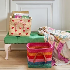 Cesta con asas Rice rafia 30x30 cm, Red hearts