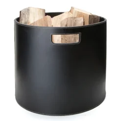 Cesta de leña Ørskov redonda, negra con puntadas blancas