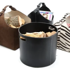 Cesta de leña Ørskov redonda, negra con puntadas blancas