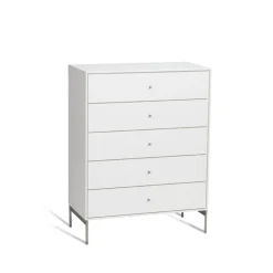 Cómoda Volt 5 cajones blanca, Detalles en acero inoxidable