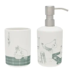 Dispensador de jabón y portacepillos de dientes Mumin, Hora del baño verde-blanco