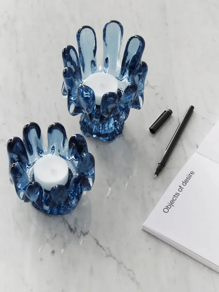 Farolillo circular de vidrio Solros de 9,2 cm, Azul