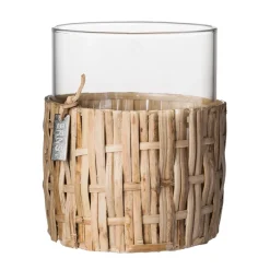 Jarrón/portavelas Ernst en cesta, Natural, Ø10×12 cm