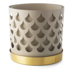 Maceta beige con plato en latón Trio Drop, Big Ø28 cm