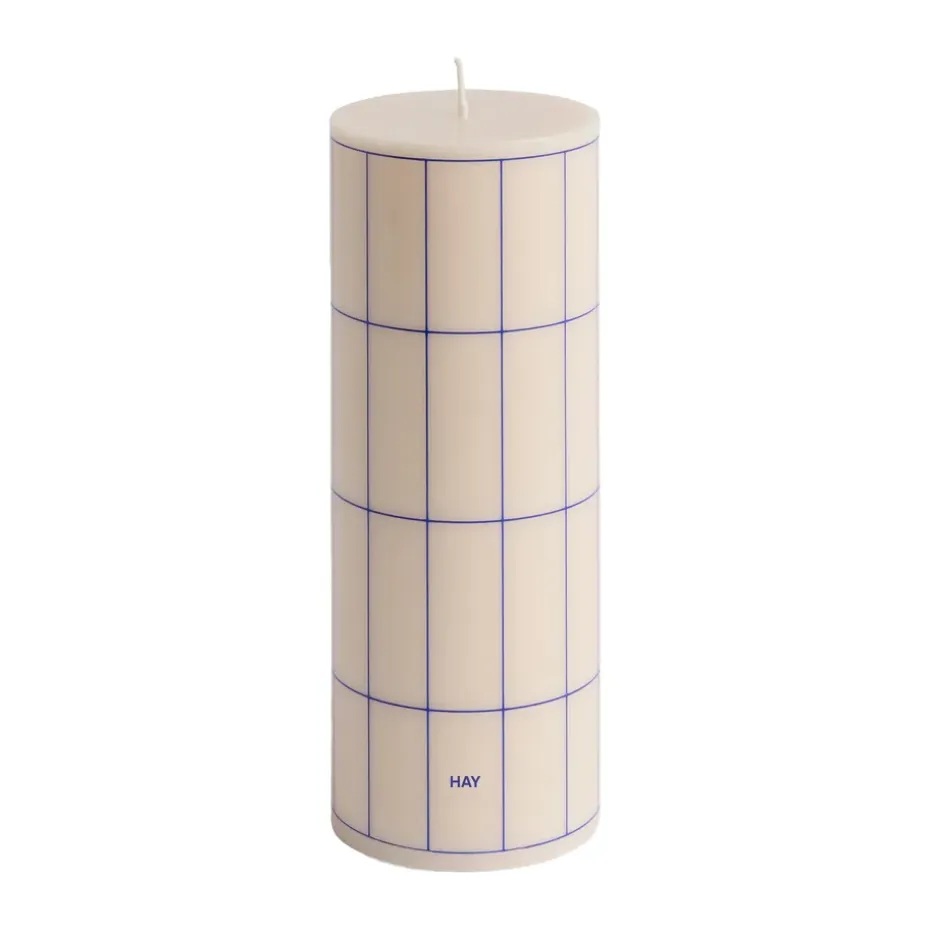 Vela gruesa Column Candle medium 20 cm, Off white-blue grid check
